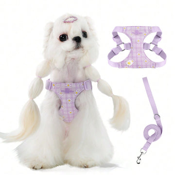 Baby pink small dog harness and leash set with daisy plant pattern, adjustable buckles, and lightweight polyester design for puppies and small breeds