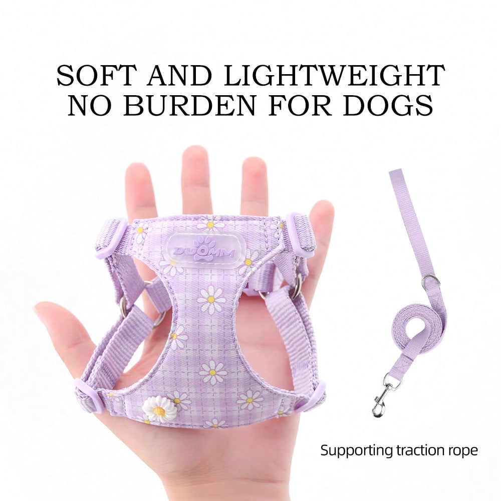 Baby pink small dog harness and leash set with daisy plant pattern, adjustable buckles, and lightweight polyester design for puppies and small breeds