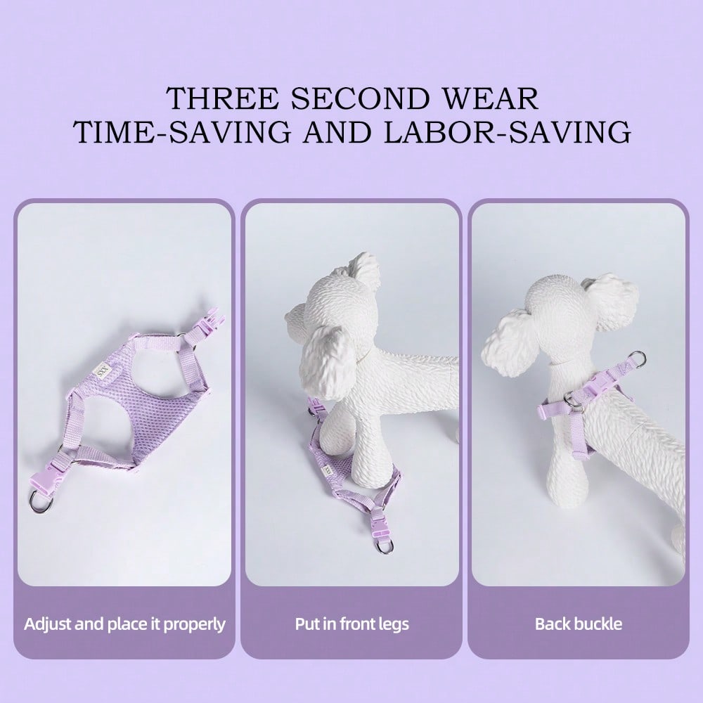 Baby pink small dog harness and leash set with daisy plant pattern, adjustable buckles, and lightweight polyester design for puppies and small breeds