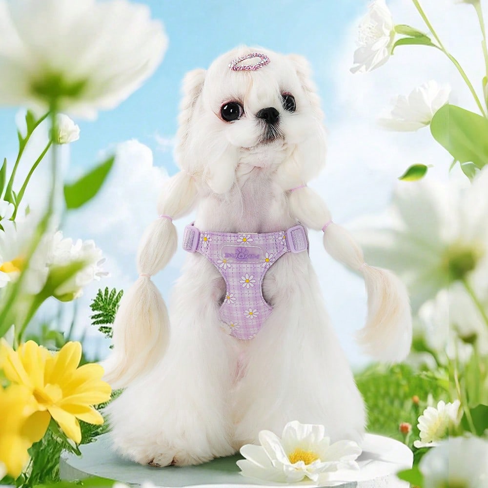 Baby pink small dog harness and leash set with daisy plant pattern, adjustable buckles, and lightweight polyester design for puppies and small breeds