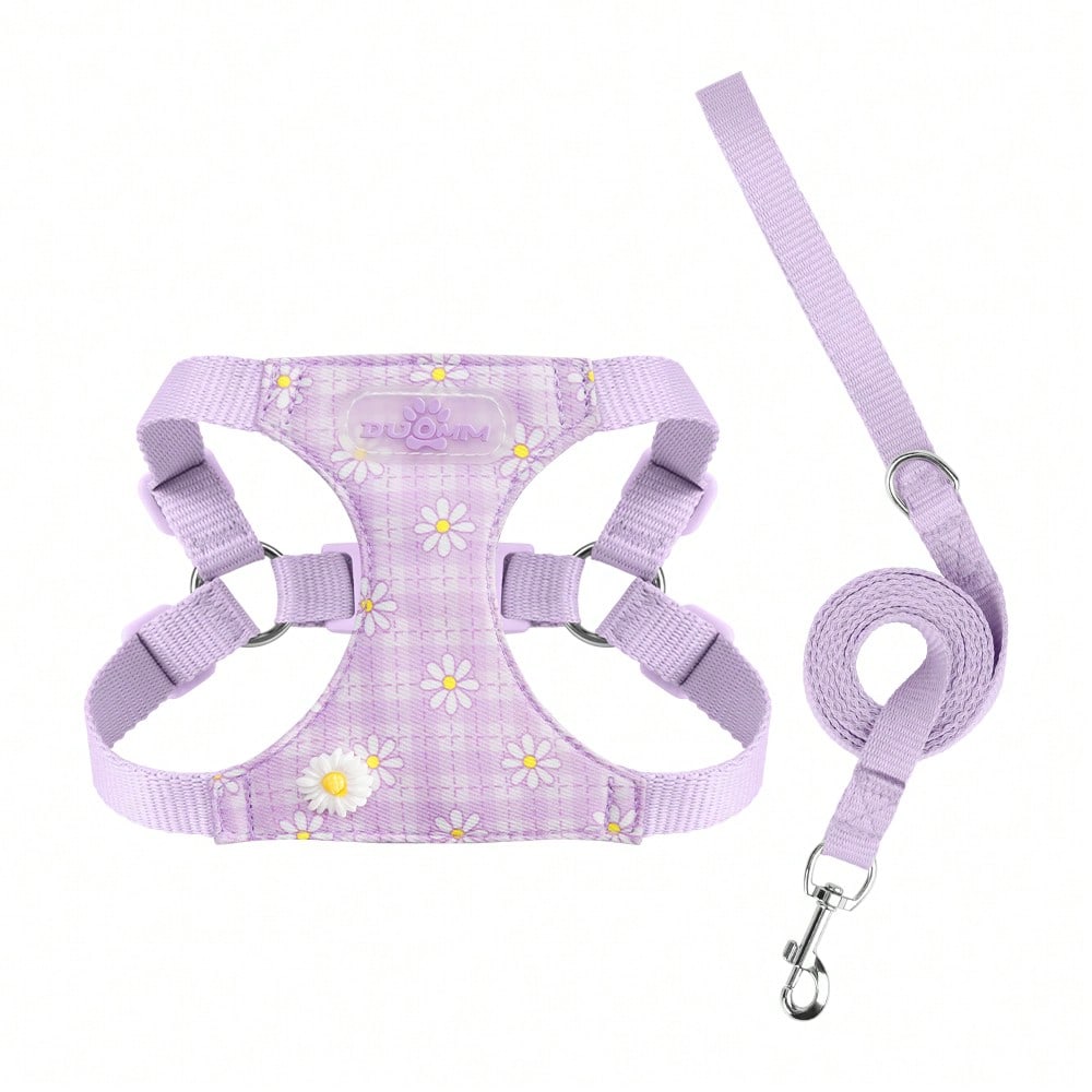 Baby pink small dog harness and leash set with daisy plant pattern, adjustable buckles, and lightweight polyester design for puppies and small breeds