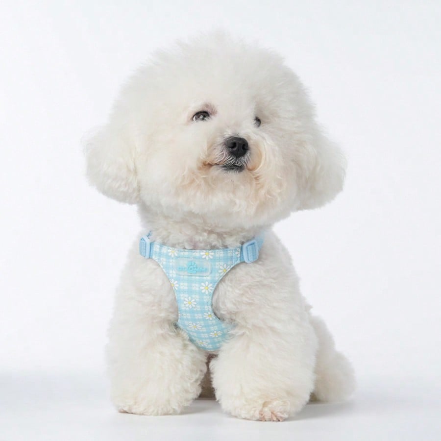 Baby pink small dog harness and leash set with daisy plant pattern, adjustable buckles, and lightweight polyester design for puppies and small breeds