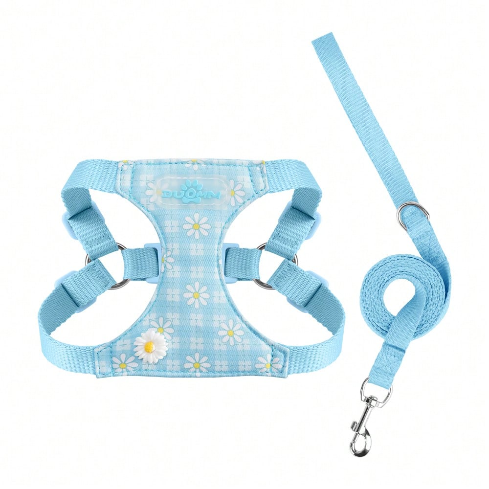 Baby pink small dog harness and leash set with daisy plant pattern, adjustable buckles, and lightweight polyester design for puppies and small breeds