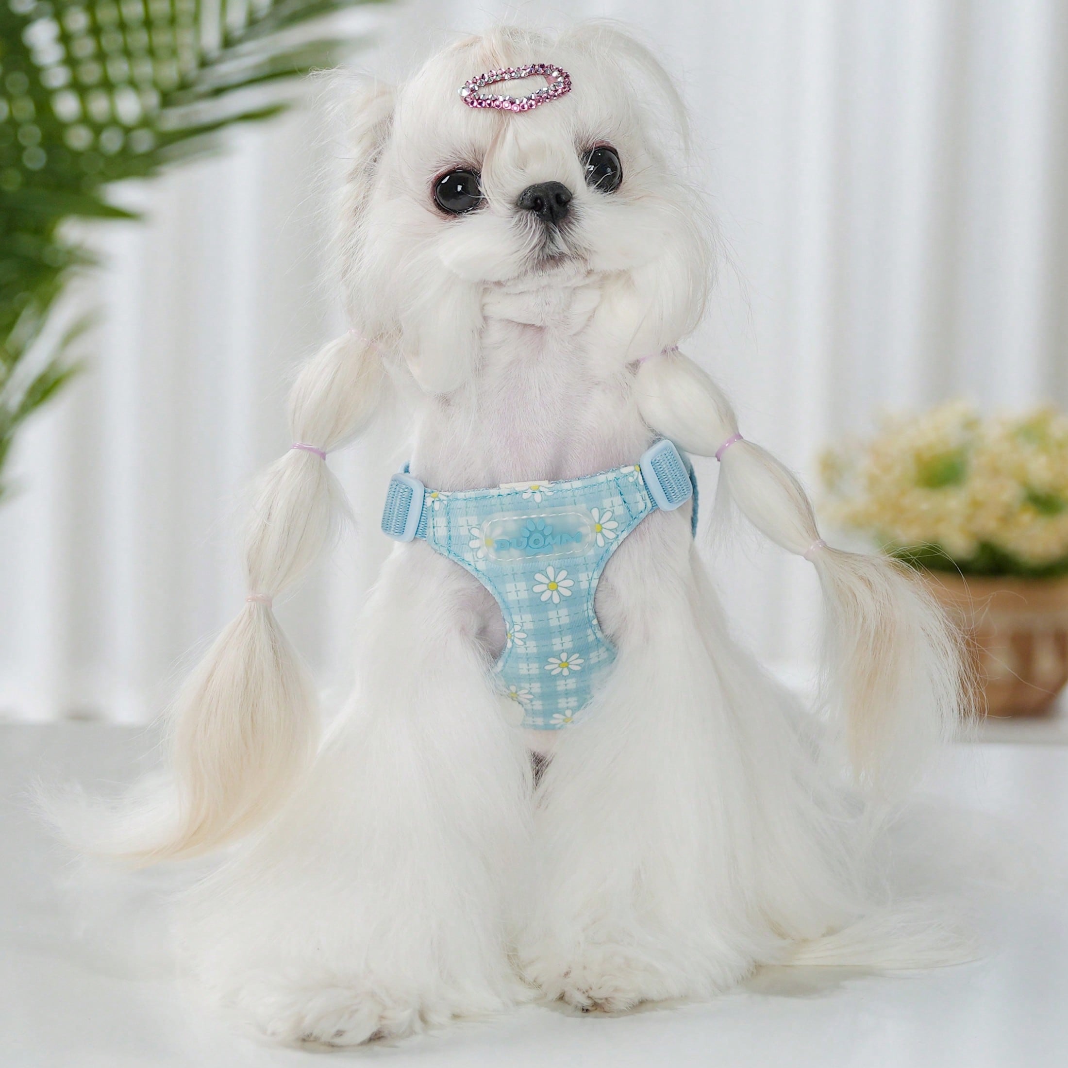 Baby pink small dog harness and leash set with daisy plant pattern, adjustable buckles, and lightweight polyester design for puppies and small breeds