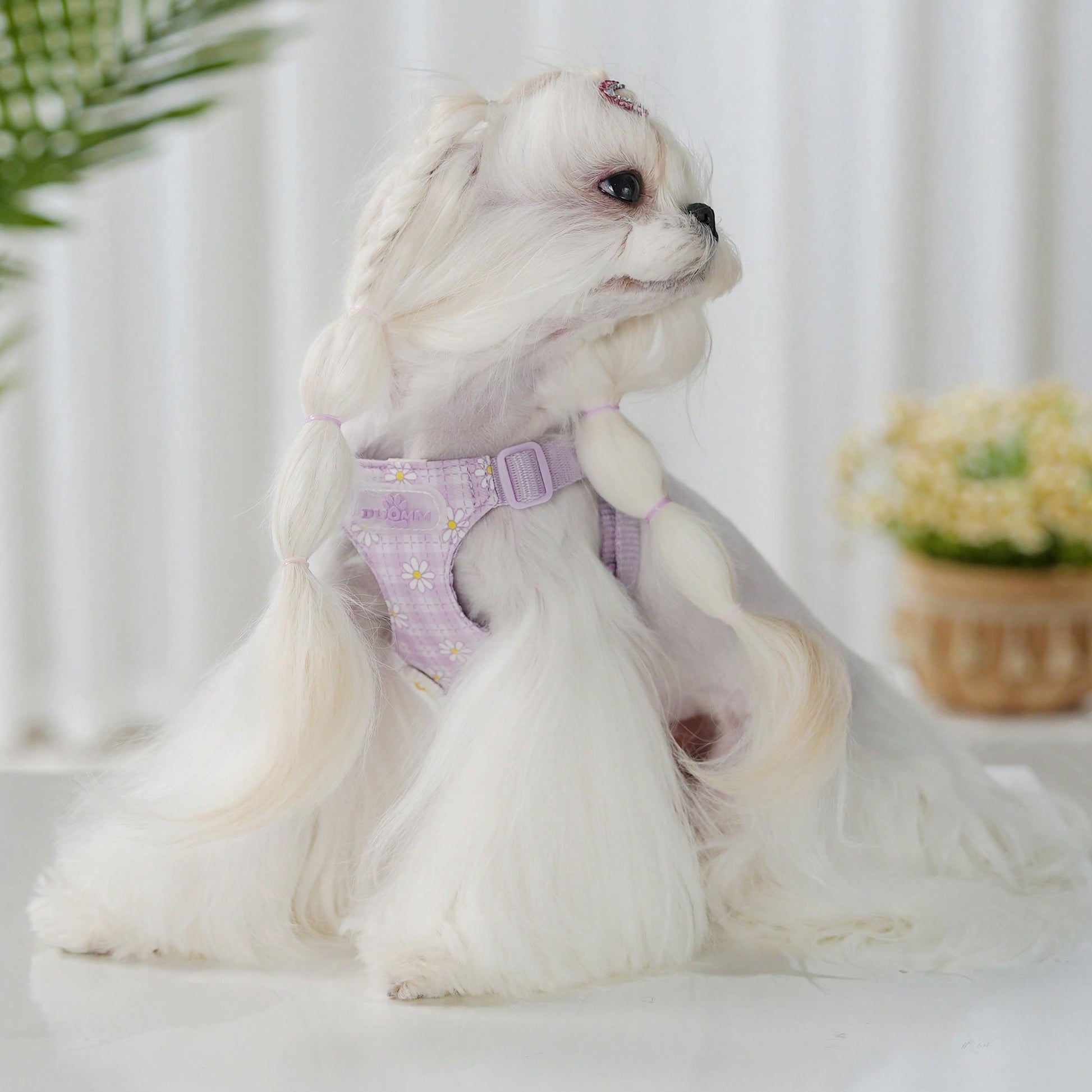 Baby pink small dog harness and leash set with daisy plant pattern, adjustable buckles, and lightweight polyester design for puppies and small breeds