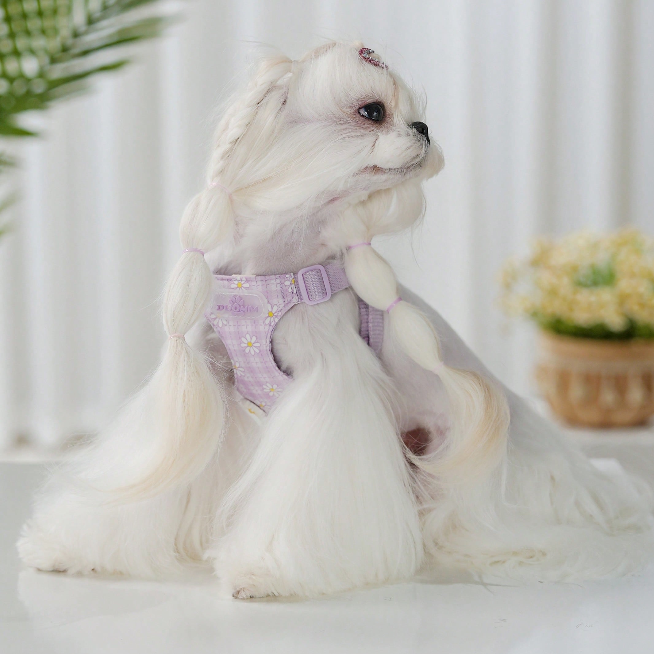 Baby pink small dog harness and leash set with daisy plant pattern, adjustable buckles, and lightweight polyester design for puppies and small breeds