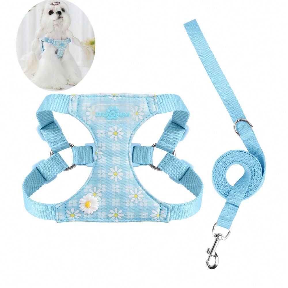 Baby pink small dog harness and leash set with daisy plant pattern, adjustable buckles, and lightweight polyester design for puppies and small breeds
