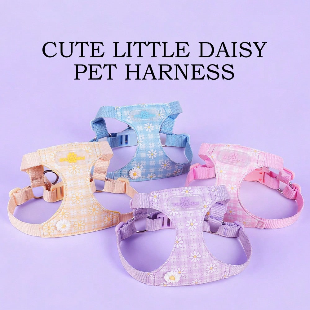 Pink plaid pet harness and leash set with daisy detail and adjustable buckles for cats and small dogs