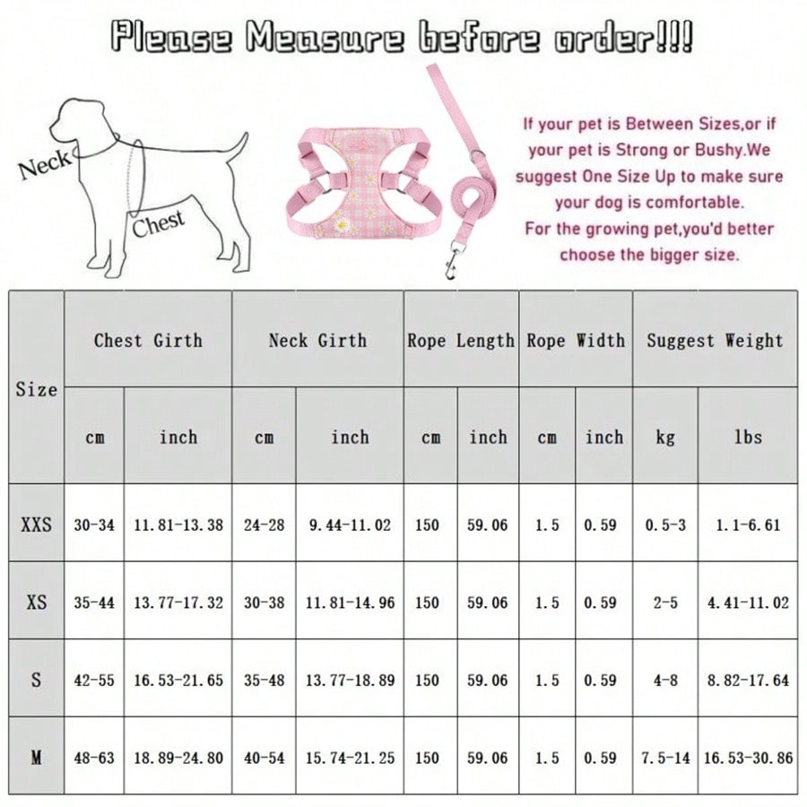 Pink plaid pet harness and leash set with daisy detail and adjustable buckles for cats and small dogs