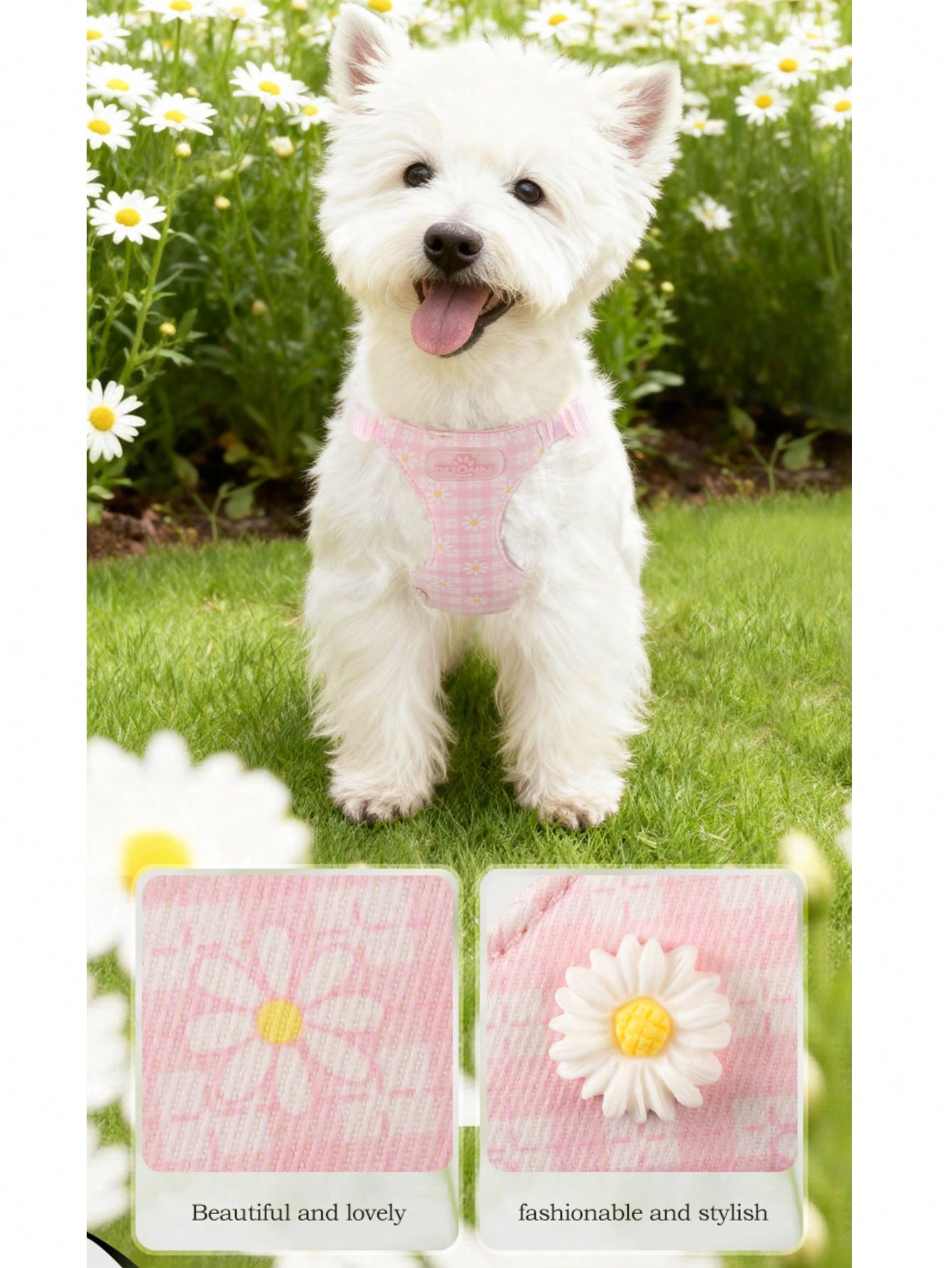 Pink plaid pet harness and leash set with daisy detail and adjustable buckles for cats and small dogs