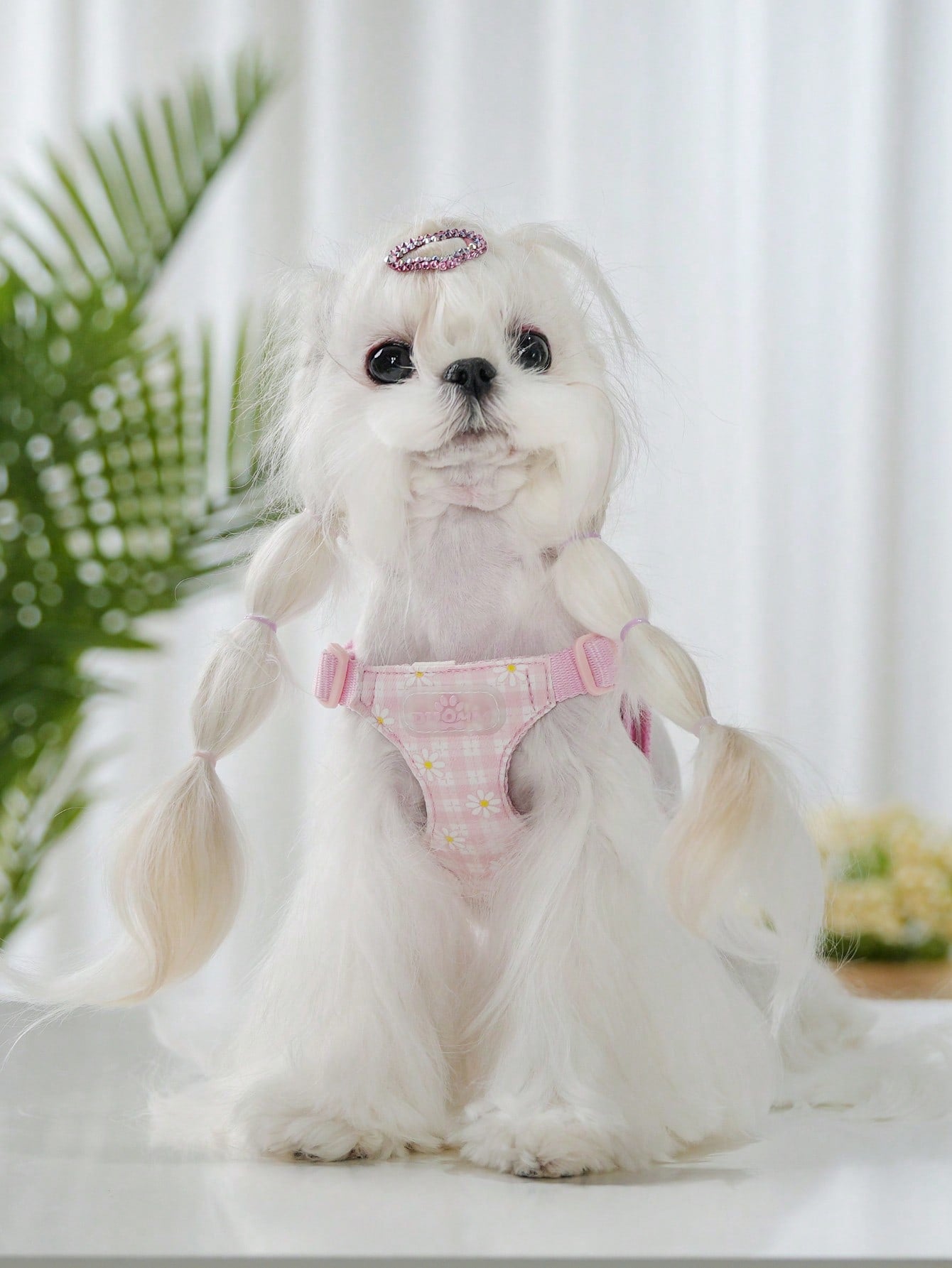 Pink plaid pet harness and leash set with daisy detail and adjustable buckles for cats and small dogs