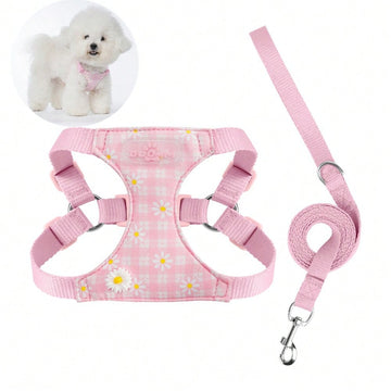 Pink plaid pet harness and leash set with daisy detail and adjustable buckles for cats and small dogs