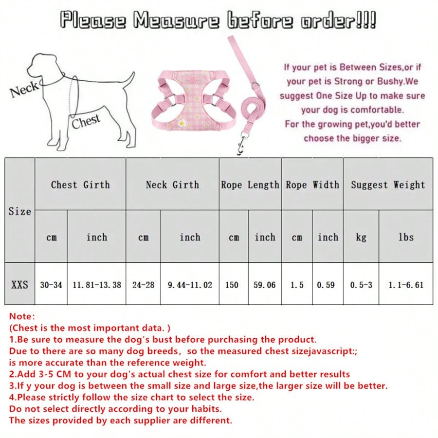 Pink plaid pet harness and leash set with daisy detail and adjustable buckles for cats and small dogs