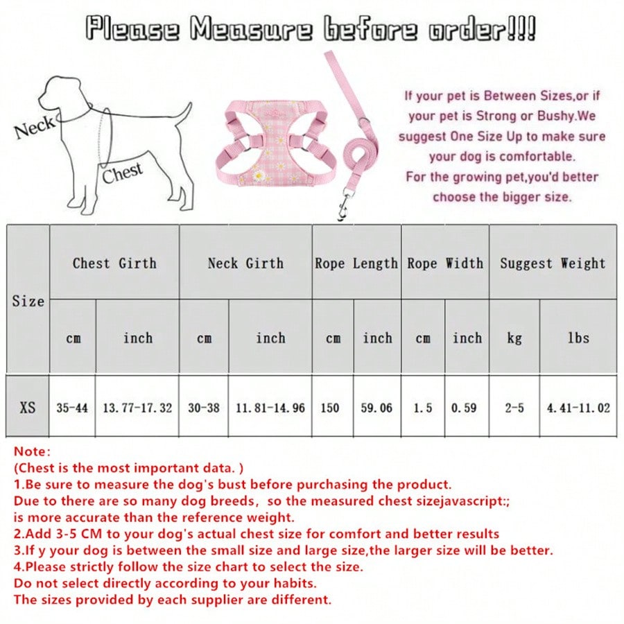 Pink plaid pet harness and leash set with daisy detail and adjustable buckles for cats and small dogs
