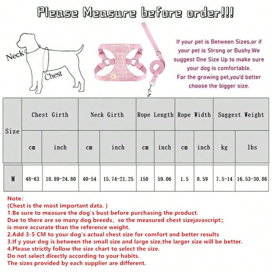 Pink plaid pet harness and leash set with daisy detail and adjustable buckles for cats and small dogs