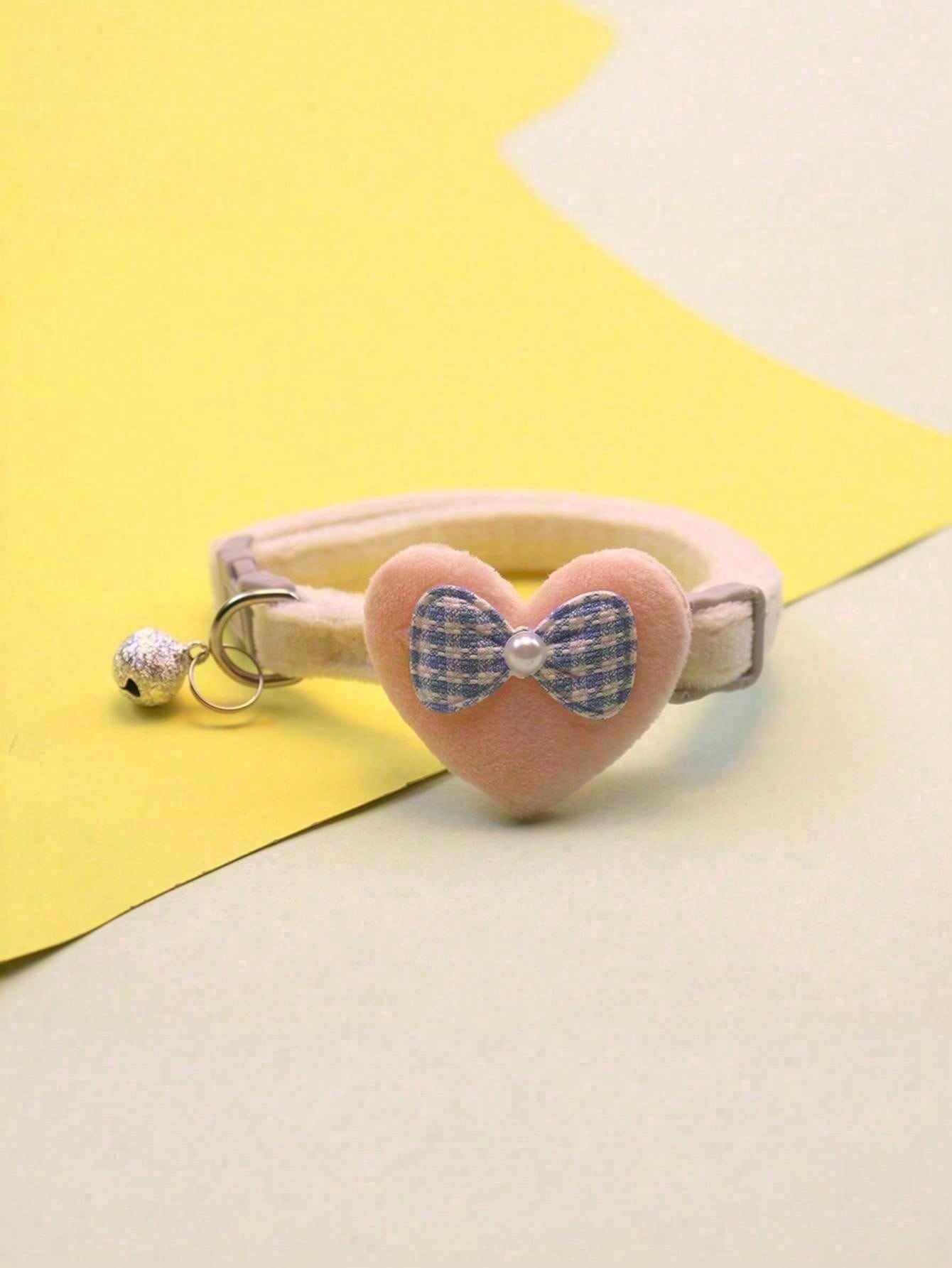 Multicolor adjustable polyester pet collar with cartoon heart-shaped bow decoration and bell pendant for small and medium cats and dogs.