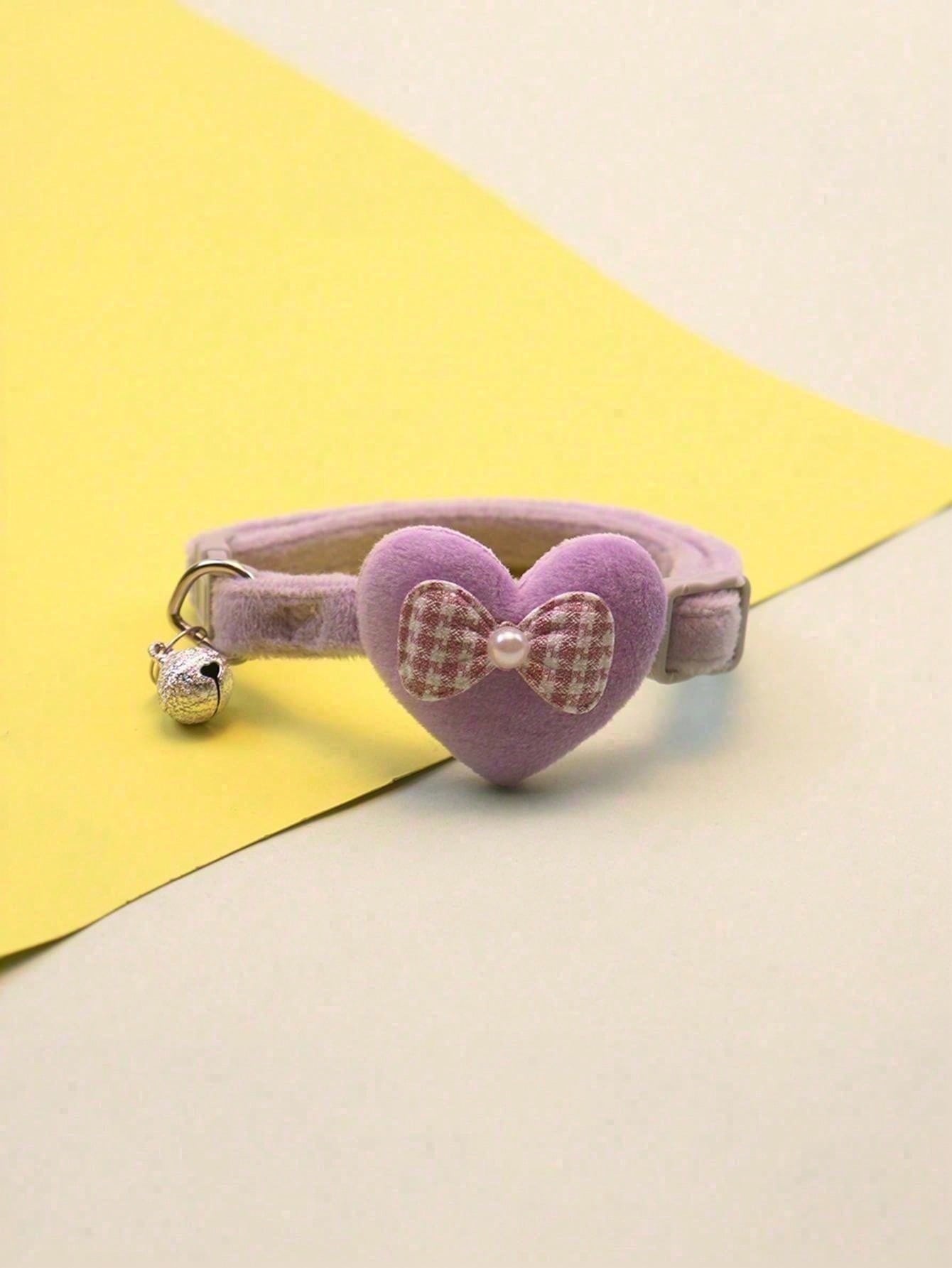 Multicolor adjustable polyester pet collar with cartoon heart-shaped bow decoration and bell pendant for small and medium cats and dogs.
