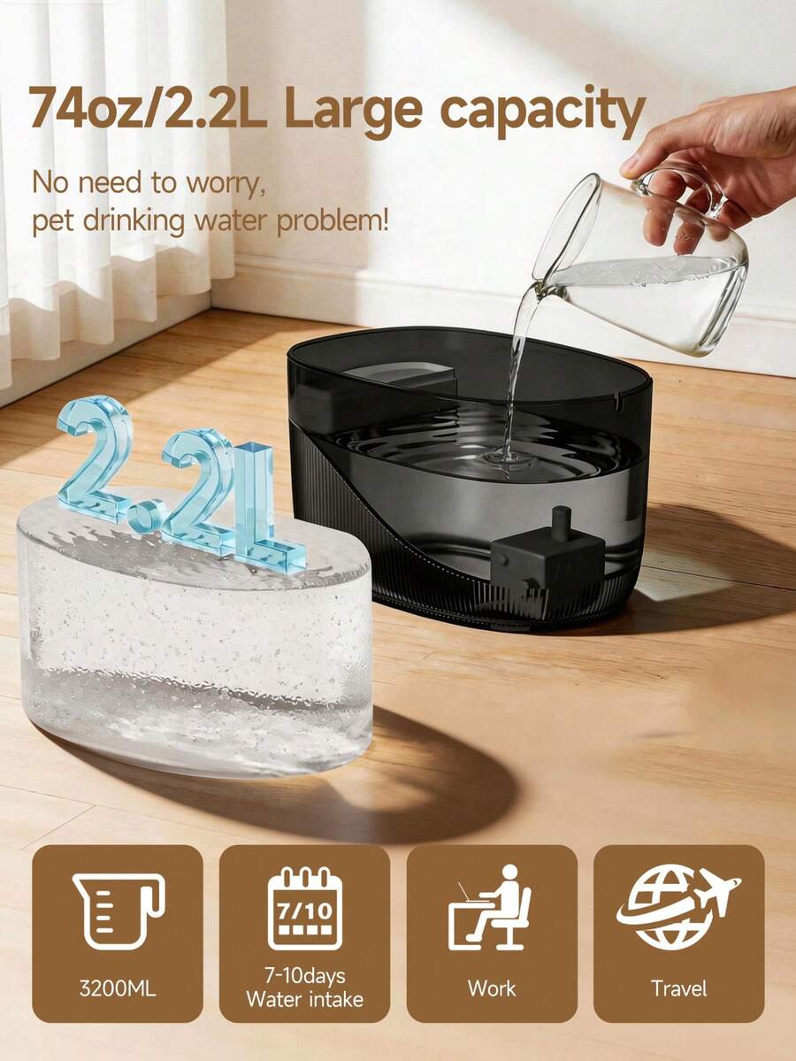 Automatic 2.2L cat water fountain with USB powered quiet pump and ABS construction.