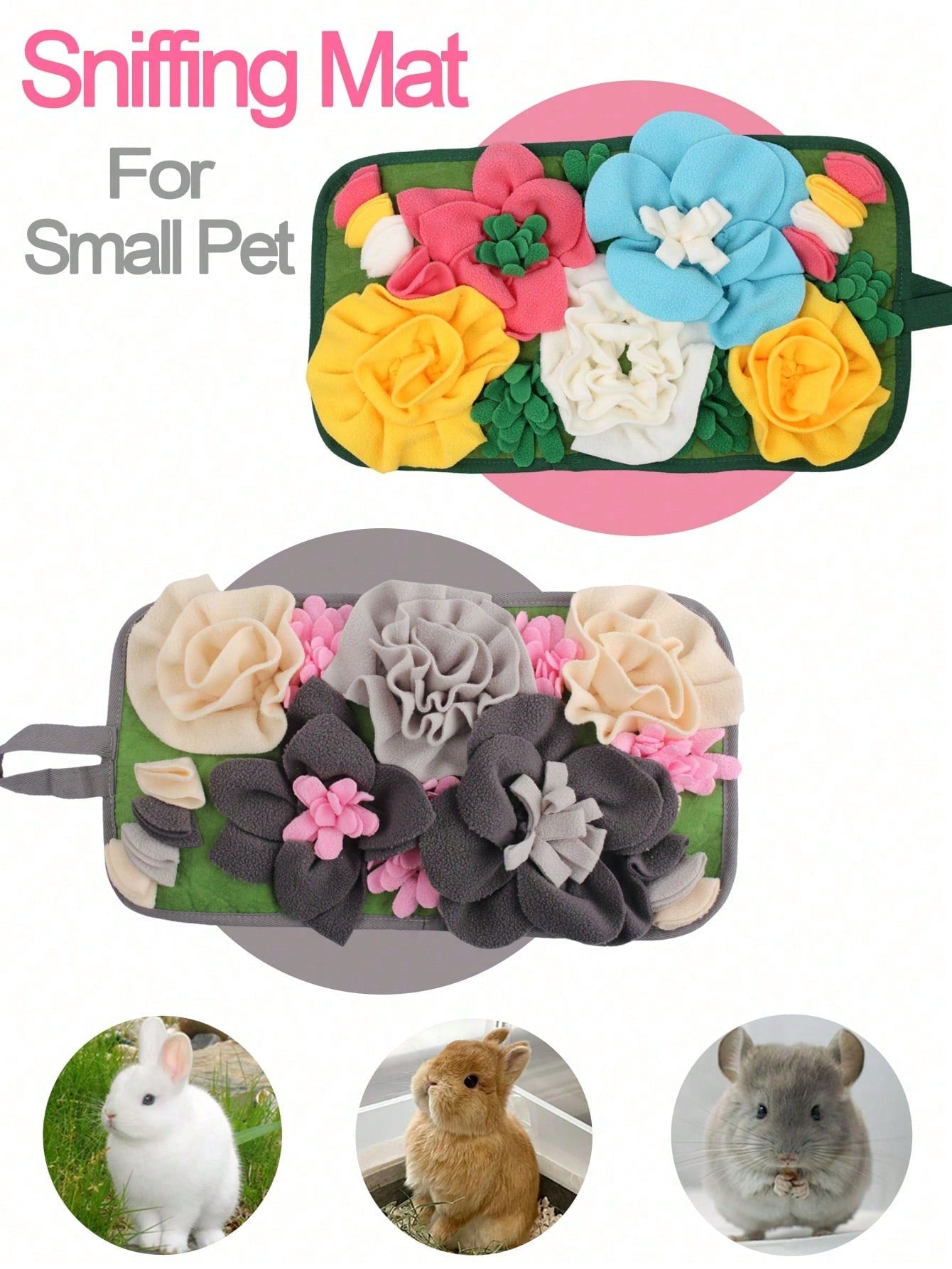 A 100% polyester small pet sniffing and slow feeder mat for rabbits and hamsters.