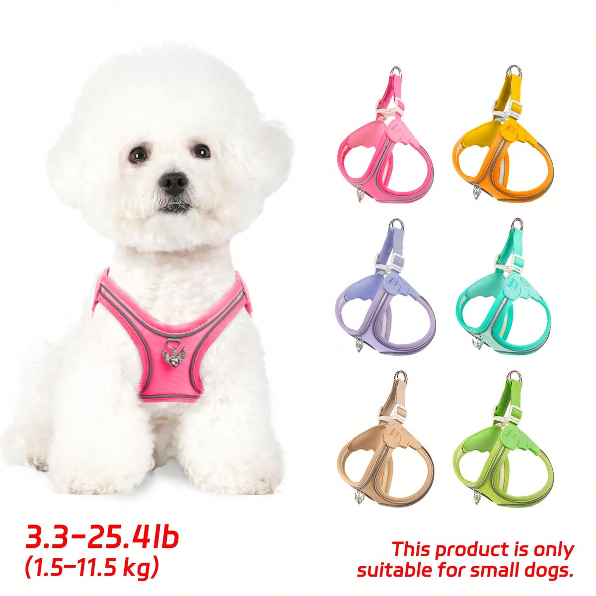 Multicolor colorblock step-in dog harness made of polyester breathable mesh with reflective safety details for small dogs and cats