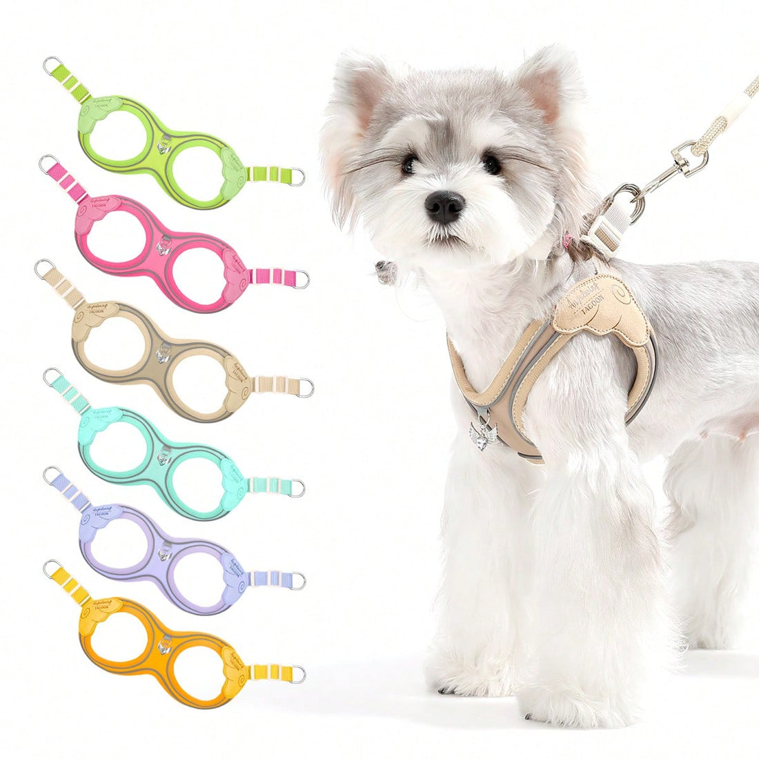 Multicolor colorblock step-in dog harness made of polyester breathable mesh with reflective safety details for small dogs and cats