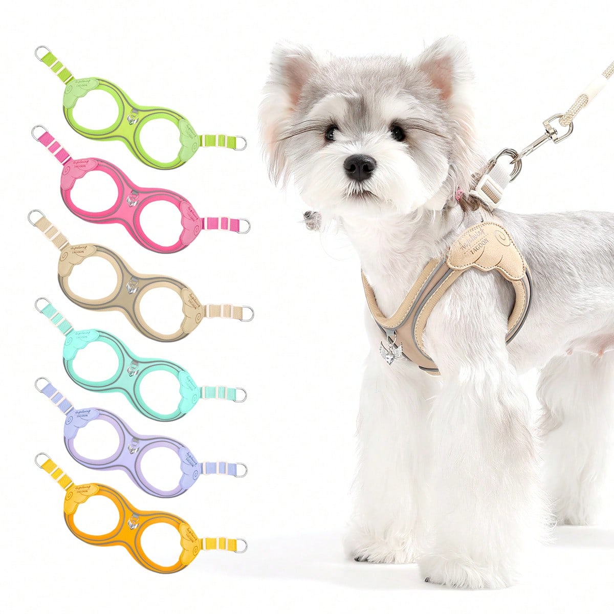 Multicolor colorblock step-in dog harness made of polyester breathable mesh with reflective safety details for small dogs and cats