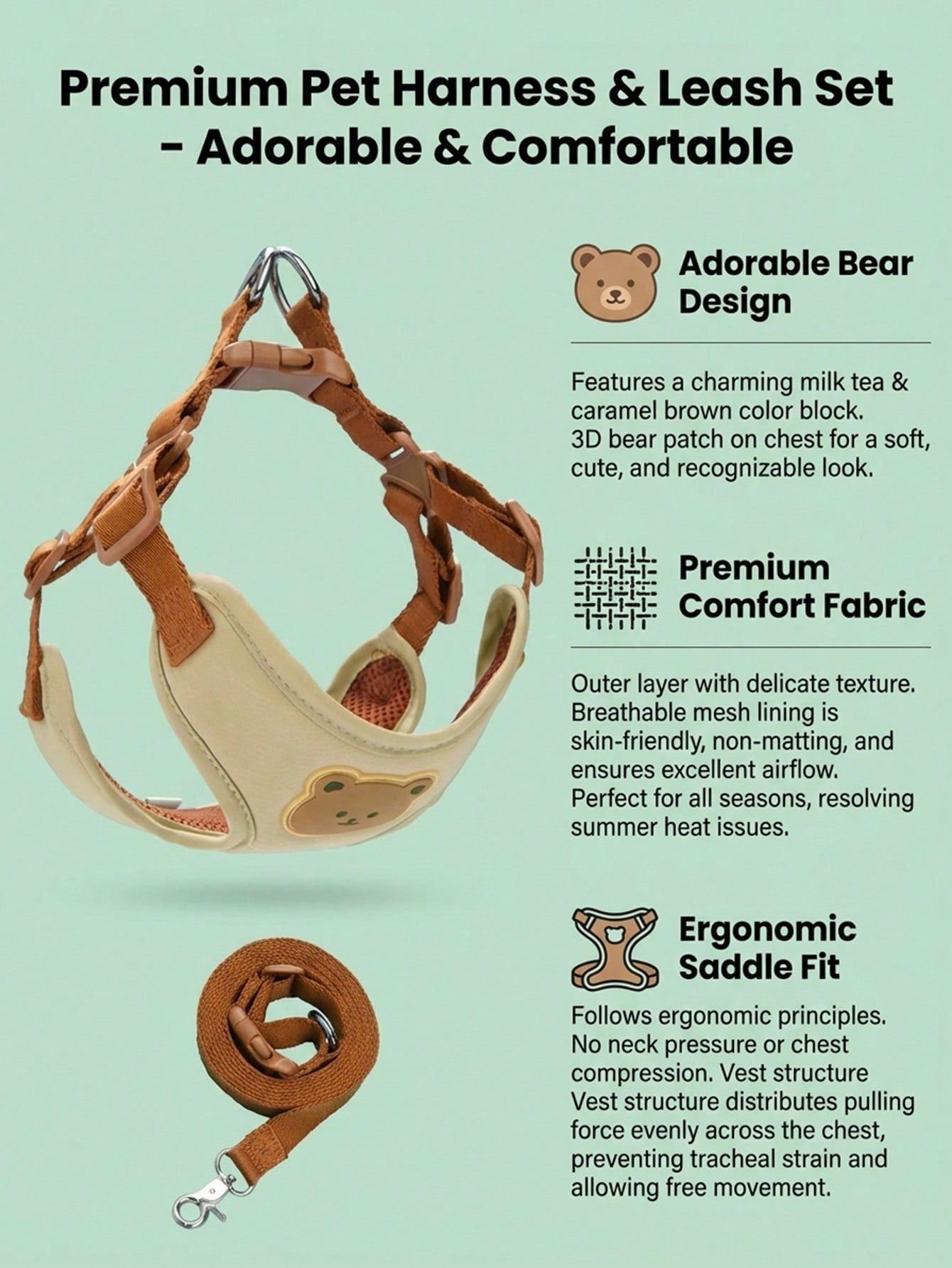 Multicolor polyester dog leash and collar set with plaid teddy bear pattern for small dogs and outdoor walking
