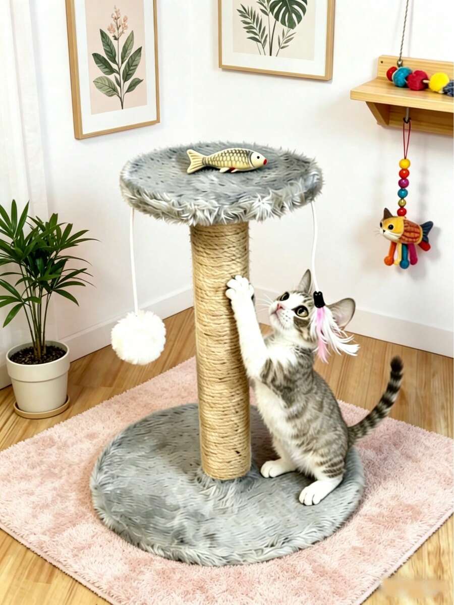 Brown mini sisal cat scratching post and kitten climbing tower with interactive plush ball and feather toys.