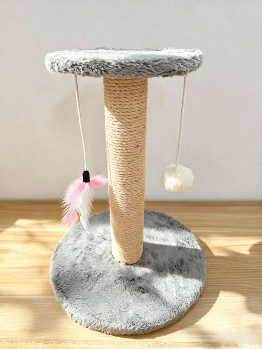 Brown mini sisal cat scratching post and kitten climbing tower with interactive plush ball and feather toys.