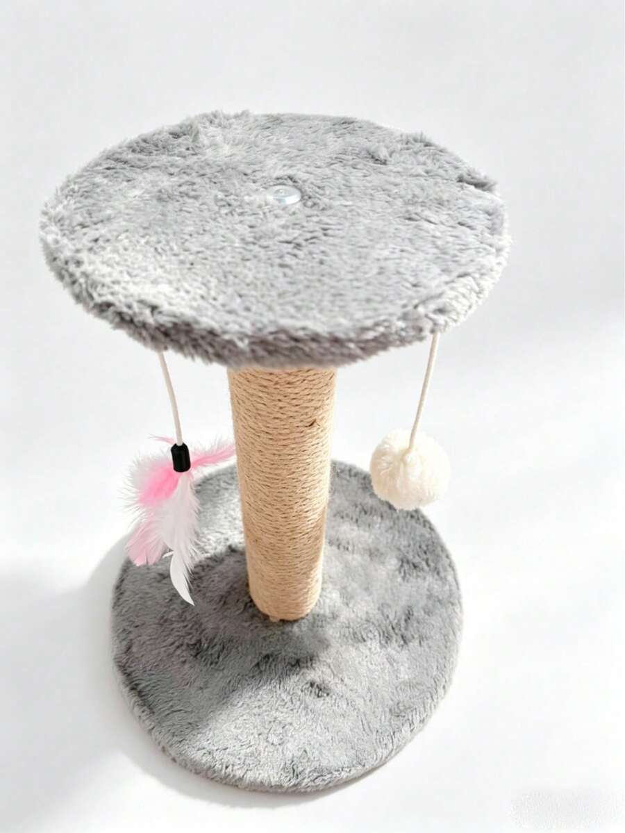 Brown mini sisal cat scratching post and kitten climbing tower with interactive plush ball and feather toys.
