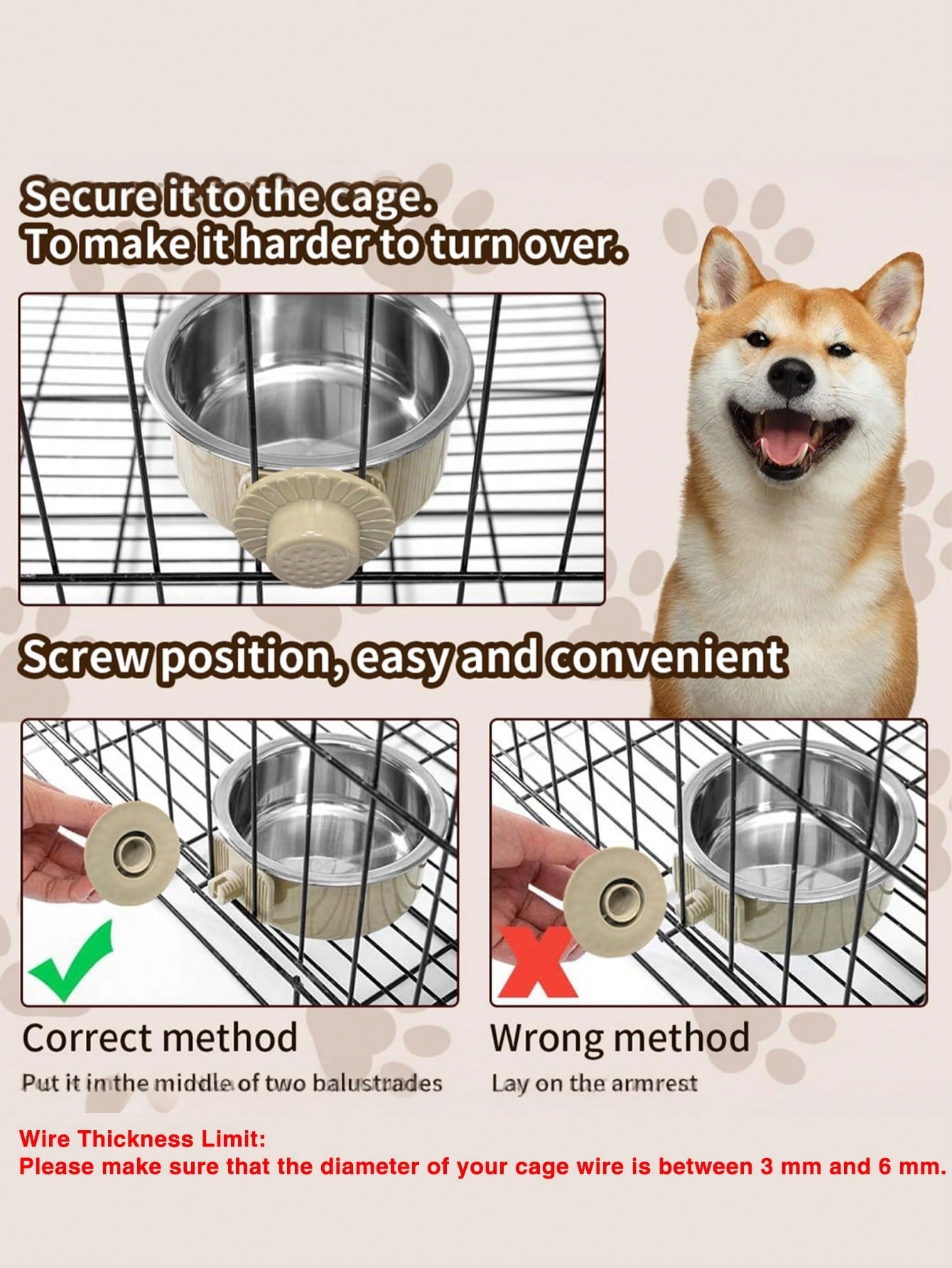 Hanging Dog Bowl, Detachable Stainless Steel Dog Food & Water Bowl, 2-In-1 Adjustable Pet Cage Feeder Bowl, Pet Supplies