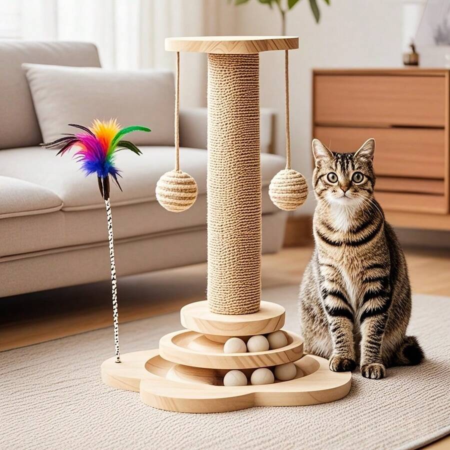 Apricot sunflower cat scratching post featuring a wooden ball track toy, dangling ball, and durable sisal hemp rope post for kittens and adult cats.