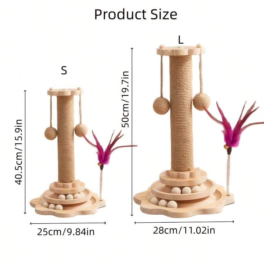 Apricot sunflower cat scratching post featuring a wooden ball track toy, dangling ball, and durable sisal hemp rope post for kittens and adult cats.