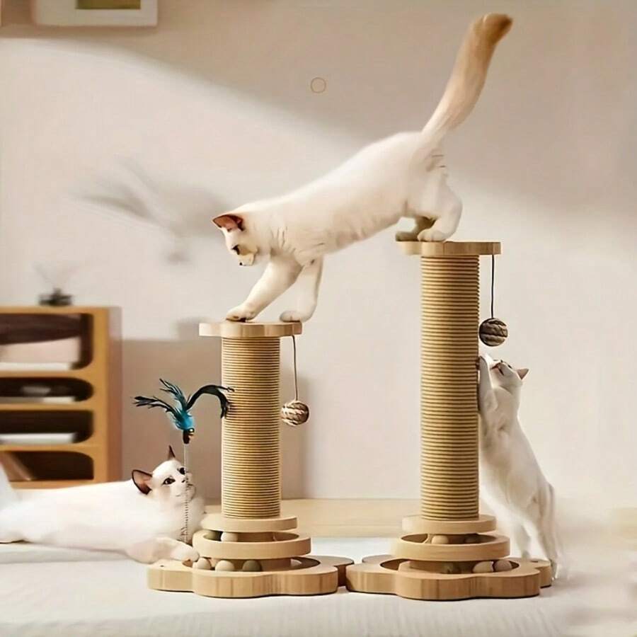 Apricot sunflower cat scratching post featuring a wooden ball track toy, dangling ball, and durable sisal hemp rope post for kittens and adult cats.