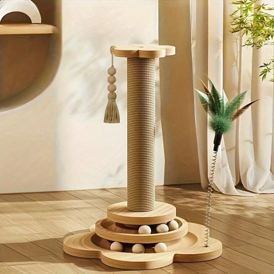 Apricot sunflower cat scratching post featuring a wooden ball track toy, dangling ball, and durable sisal hemp rope post for kittens and adult cats.