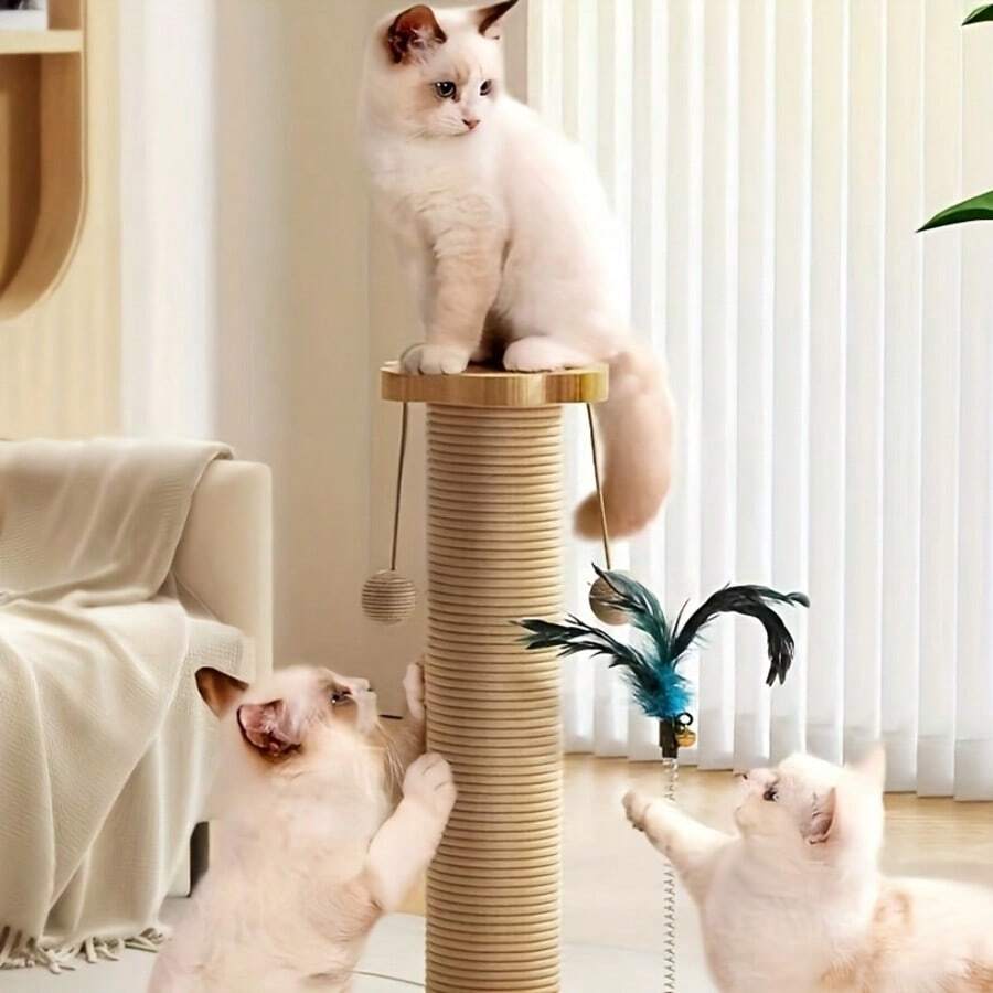 Apricot sunflower cat scratching post featuring a wooden ball track toy, dangling ball, and durable sisal hemp rope post for kittens and adult cats.