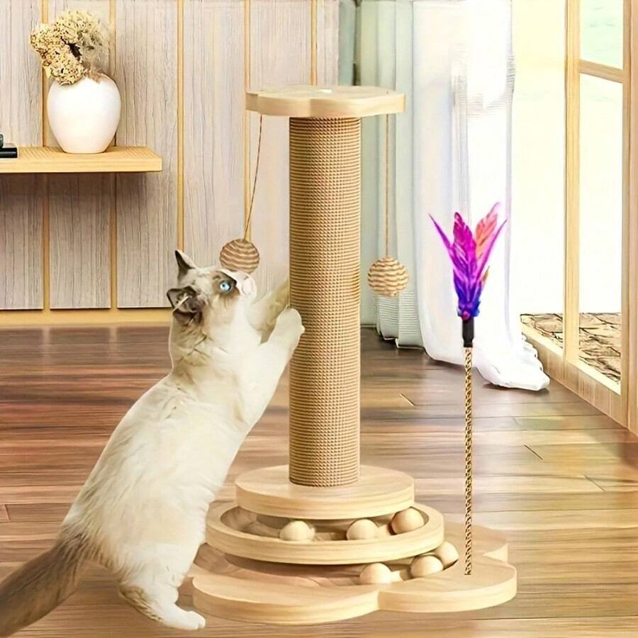 Apricot sunflower cat scratching post featuring a wooden ball track toy, dangling ball, and durable sisal hemp rope post for kittens and adult cats.