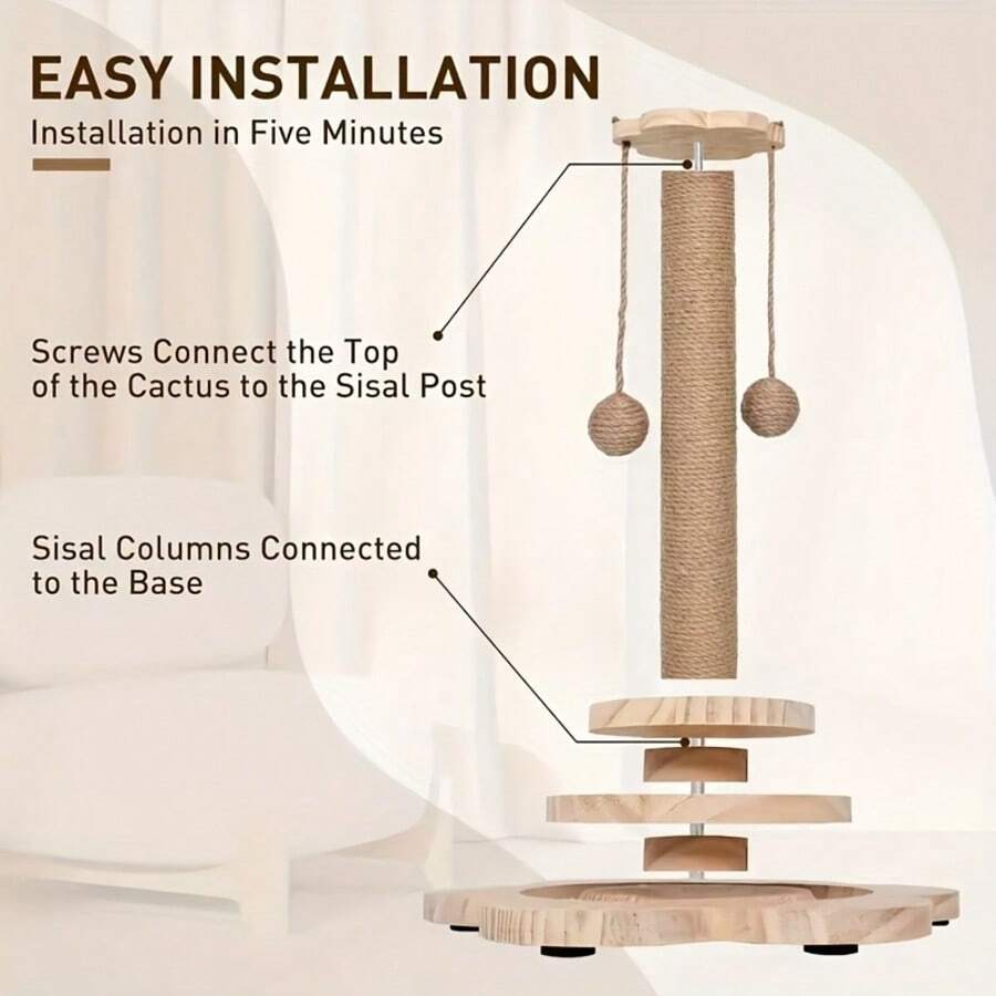 Apricot sunflower cat scratching post featuring a wooden ball track toy, dangling ball, and durable sisal hemp rope post for kittens and adult cats.