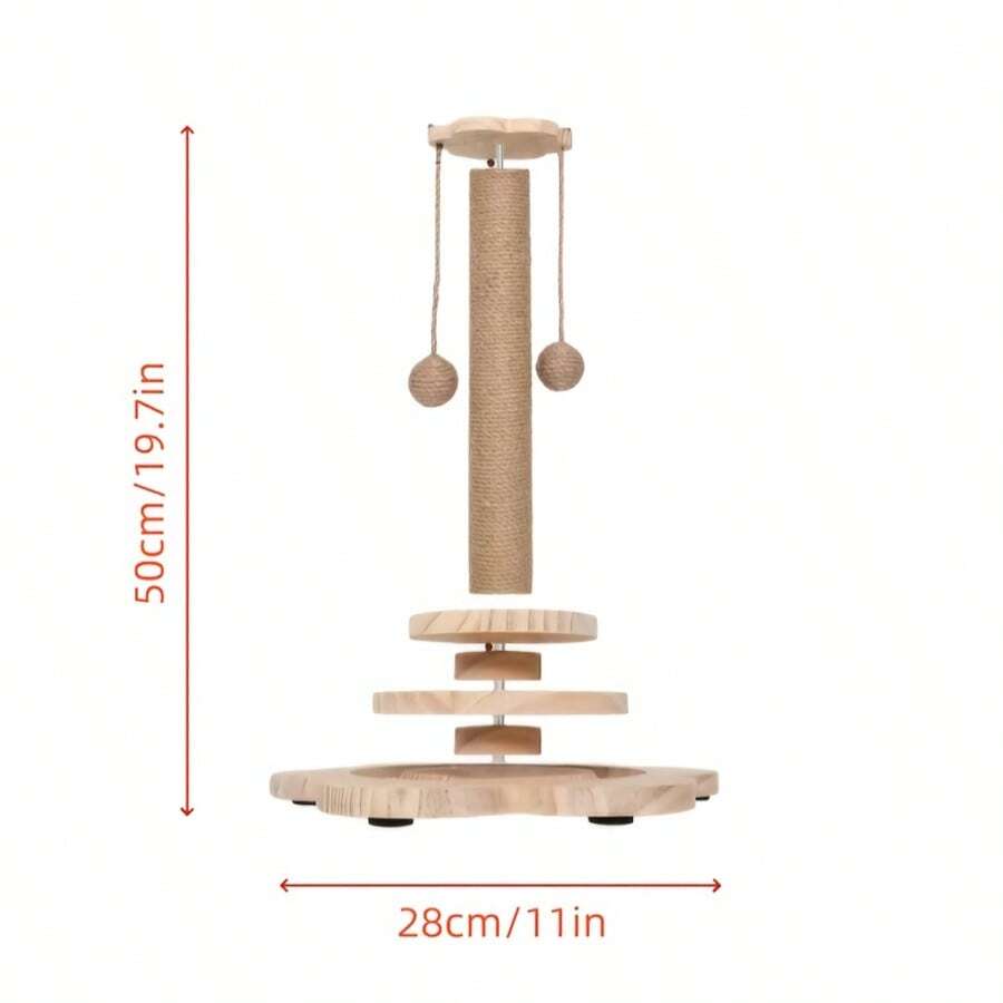 Apricot sunflower cat scratching post featuring a wooden ball track toy, dangling ball, and durable sisal hemp rope post for kittens and adult cats.