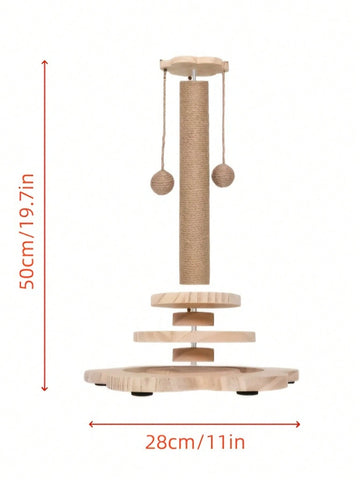 Apricot sunflower cat scratching post featuring a wooden ball track toy, dangling ball, and durable sisal hemp rope post for kittens and adult cats.