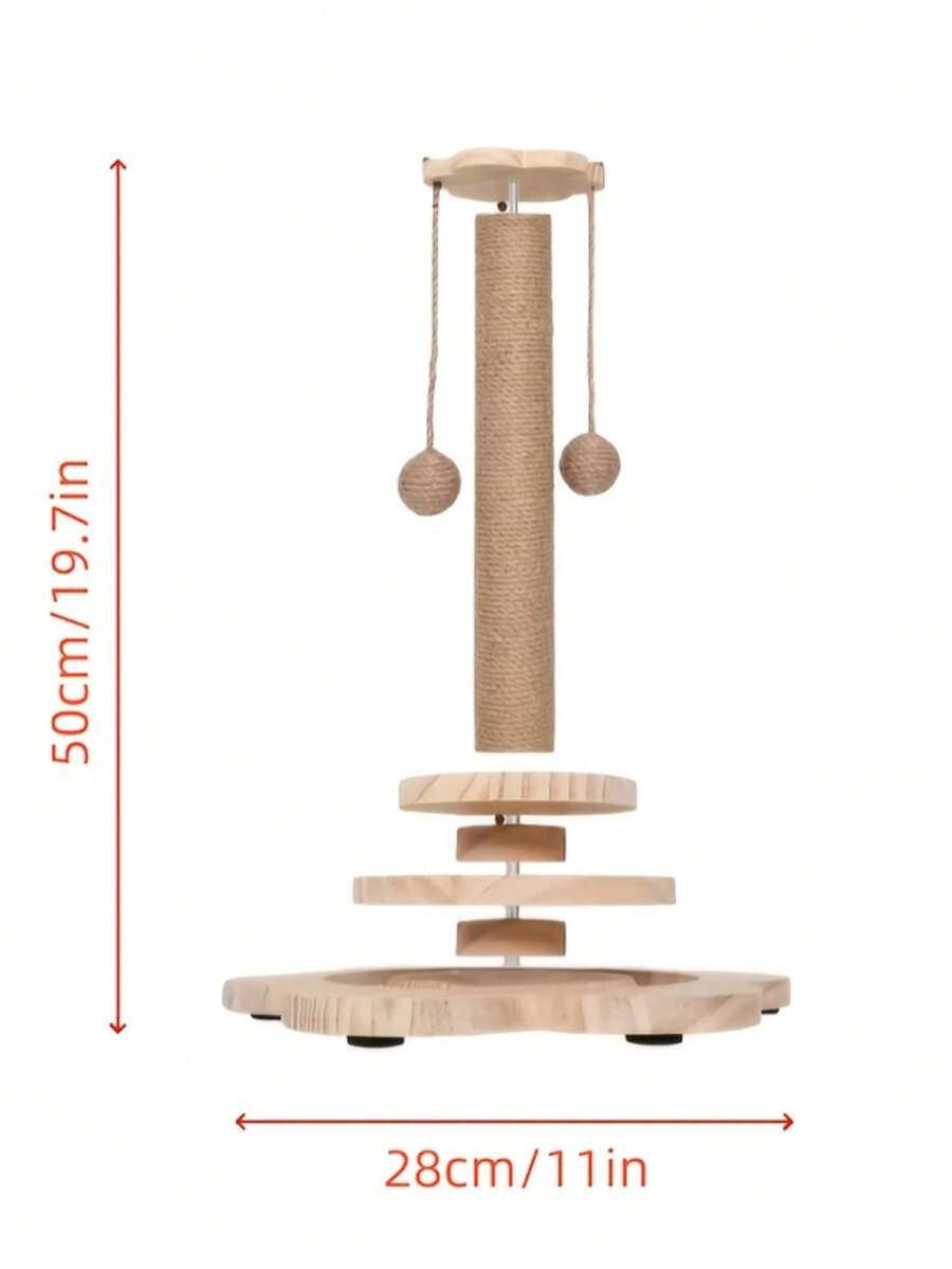 Apricot sunflower cat scratching post featuring a wooden ball track toy, dangling ball, and durable sisal hemp rope post for kittens and adult cats.