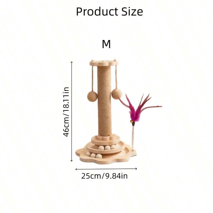 Apricot sunflower cat scratching post featuring a wooden ball track toy, dangling ball, and durable sisal hemp rope post for kittens and adult cats.