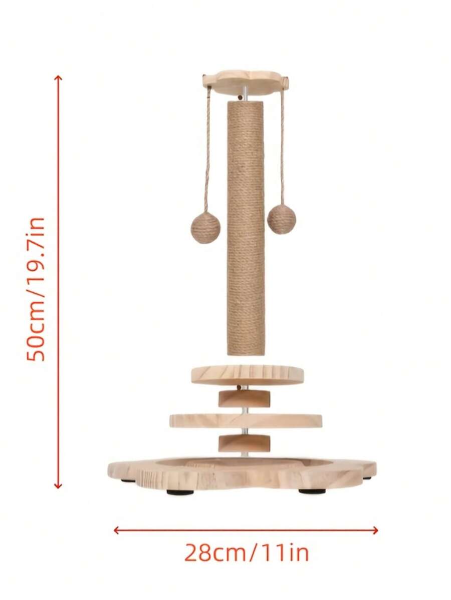 Apricot sunflower cat scratching post featuring a wooden ball track toy, dangling ball, and durable sisal hemp rope post for kittens and adult cats.