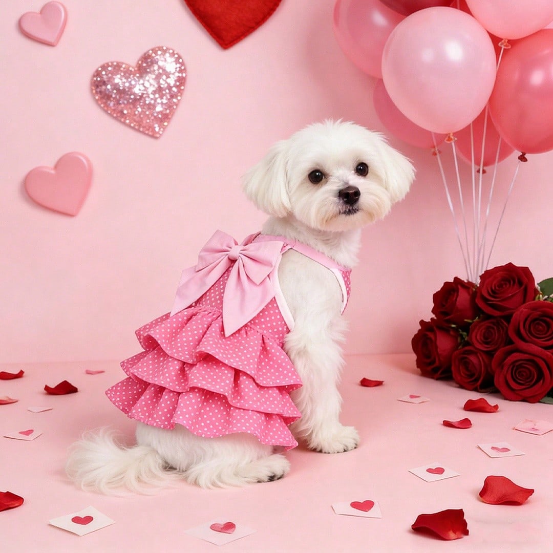 Pink Polka Dot Pet Princess Dress With Big Bow & Multi-Layer Cake Skirt, Ideal Birthday Party & Outdoor Outfit For Dogs And Cats
