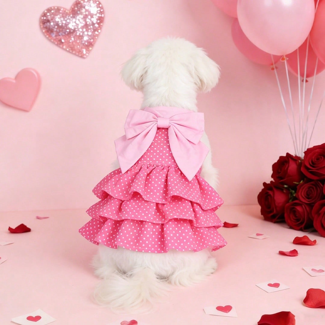 Pink Polka Dot Pet Princess Dress With Big Bow & Multi-Layer Cake Skirt, Ideal Birthday Party & Outdoor Outfit For Dogs And Cats
