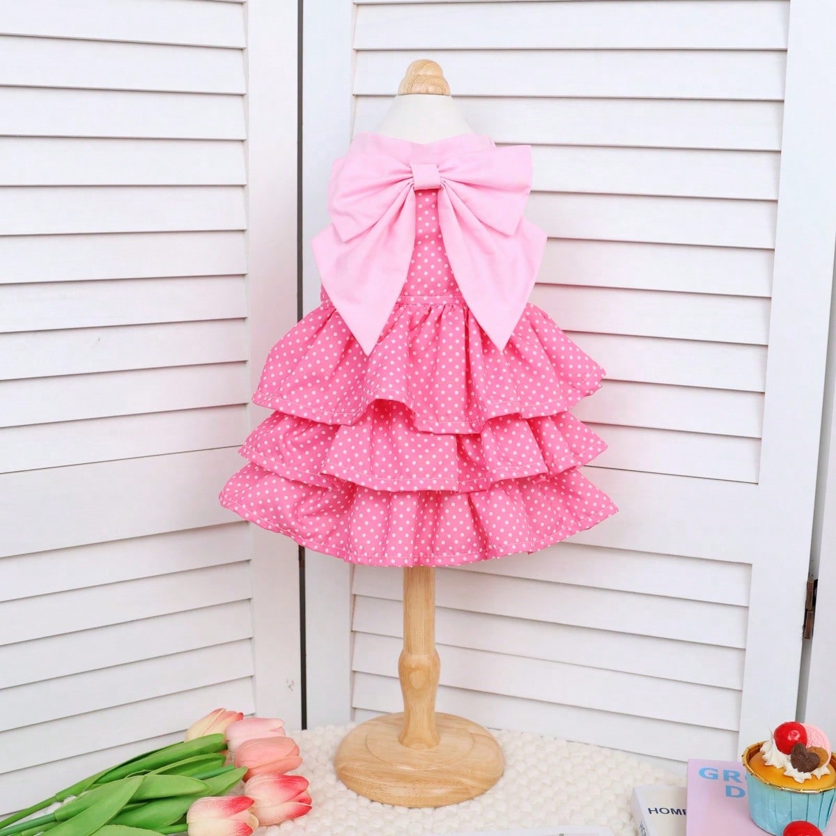 Pink Polka Dot Pet Princess Dress With Big Bow & Multi-Layer Cake Skirt, Ideal Birthday Party & Outdoor Outfit For Dogs And Cats