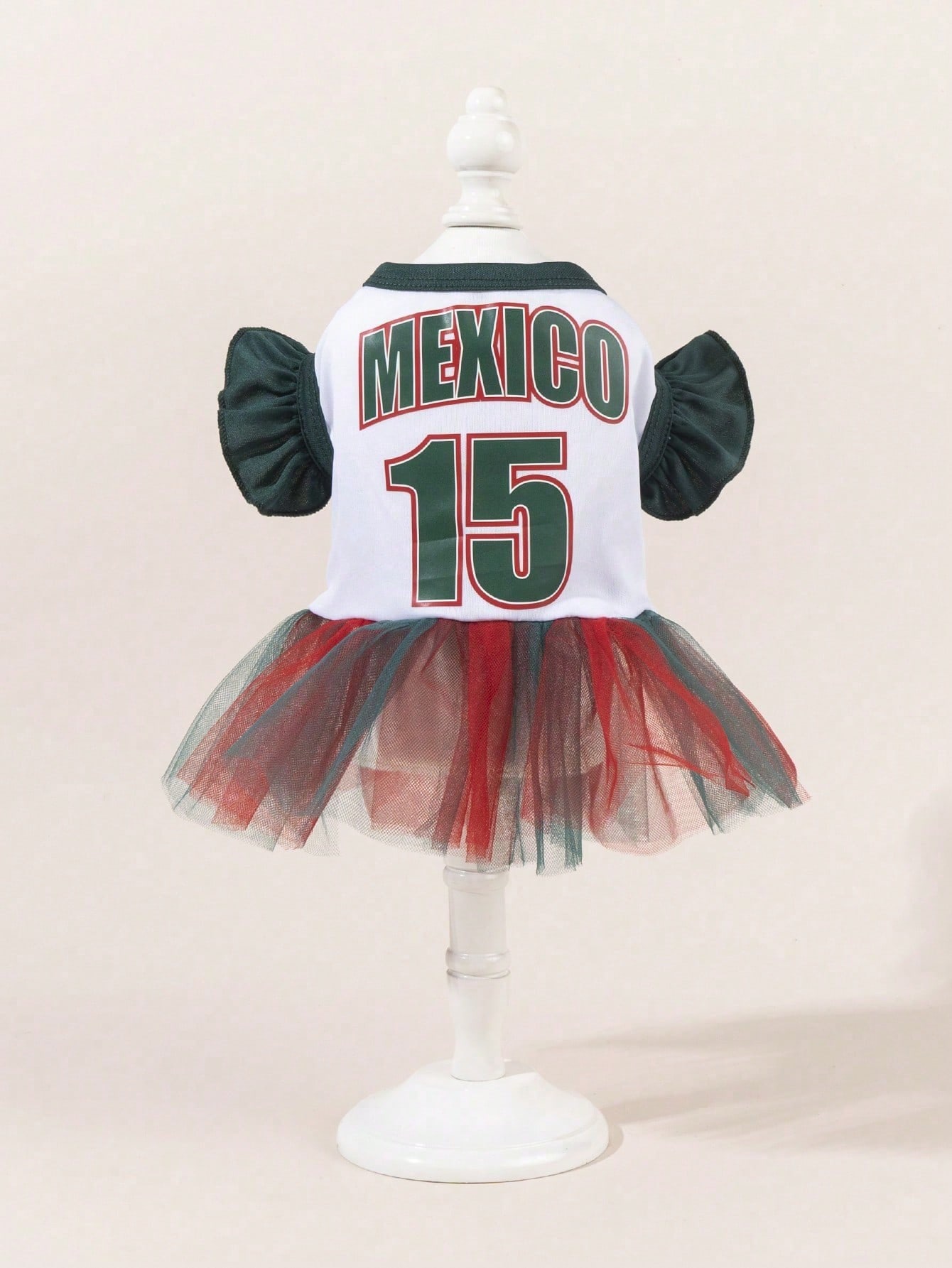 1pc Mexico Team Cheerleader MEXICO Letter Print Ruffle Sleeve Colorblock Mesh Dress, Suitable For Chihuahua & Small Dogs, Indoor & Outdoor
