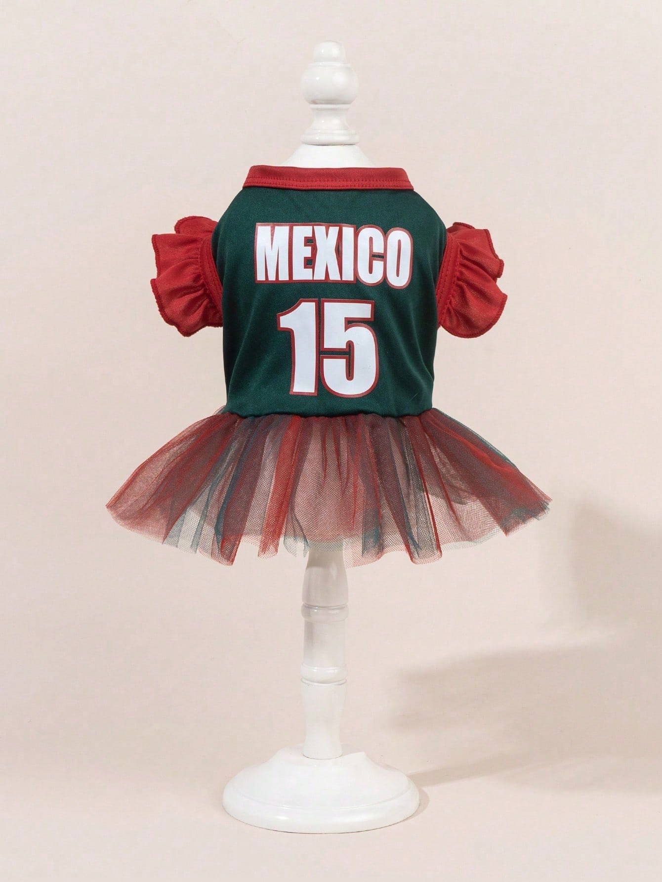 1pc Mexico Team Cheerleader MEXICO Letter Print Ruffle Sleeve Colorblock Mesh Dress, Suitable For Chihuahua & Small Dogs, Indoor & Outdoor