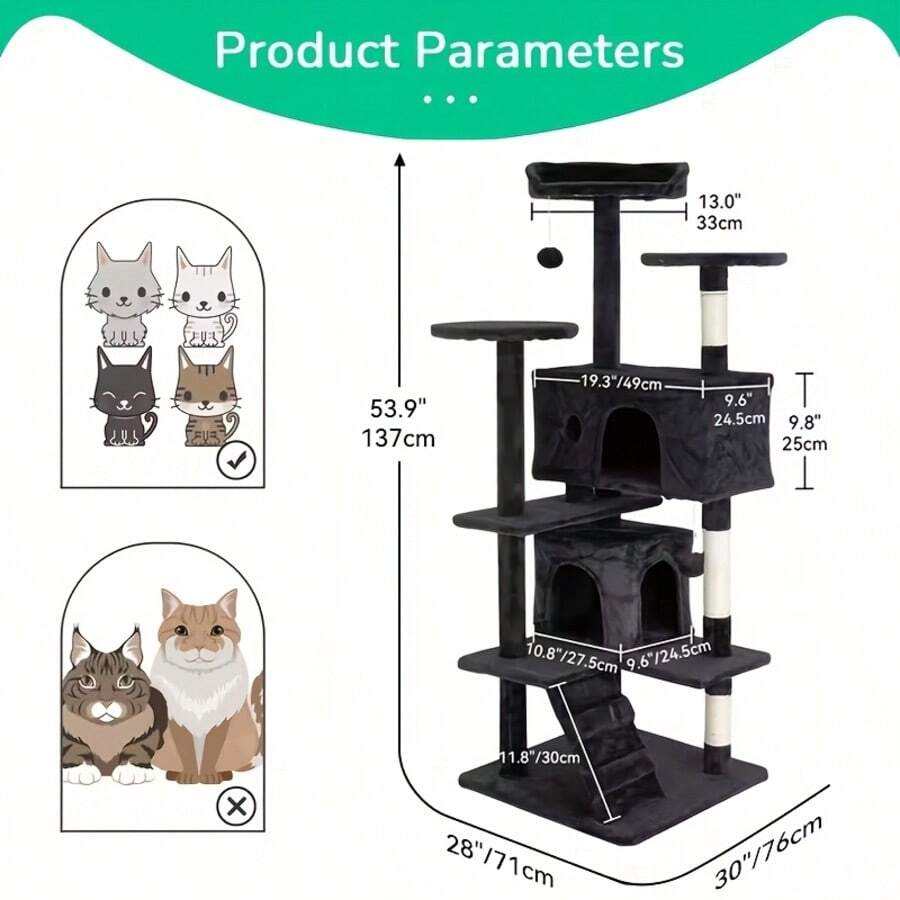 Dark grey 53.9-inch multi-level cat tree tower with dual condos, natural sisal scratching posts, climbing ladder, and plush perches for indoor cats.