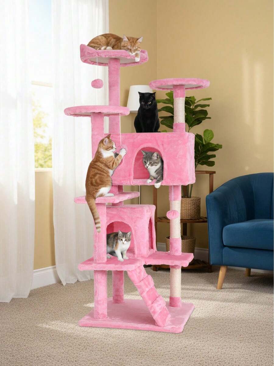 Dark grey 53.9-inch multi-level cat tree tower with dual condos, natural sisal scratching posts, climbing ladder, and plush perches for indoor cats.